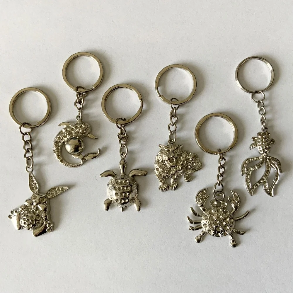 Set of 6 Silver Tone Metal Keychains Keyring